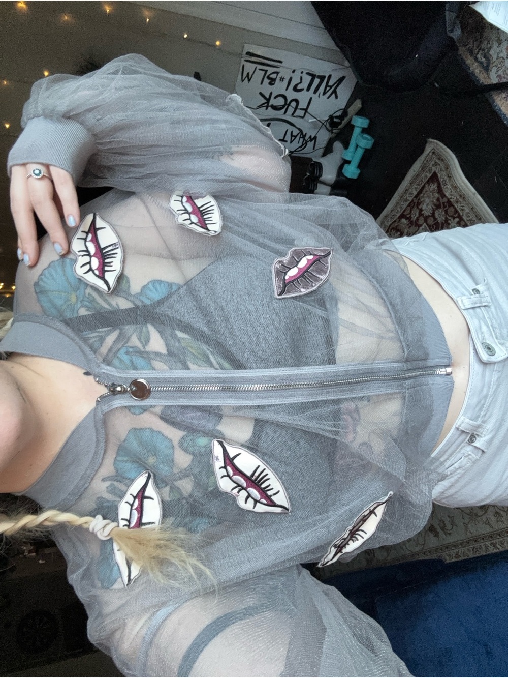 Gray Mesh Bomber Jacket with Lip Patch Details